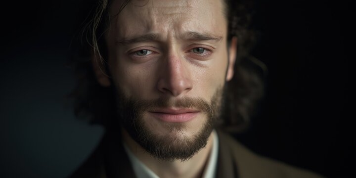 Thoughtful caucasian male adult with beard in deep reflection against dark background