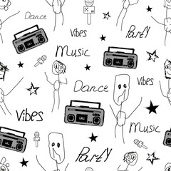Hand-drawn kids doodle seamless pattern with music, dance, boombox, funny stick figures and stars. Playful black and white childish design for apparel, packaging, stationery and creative projects.