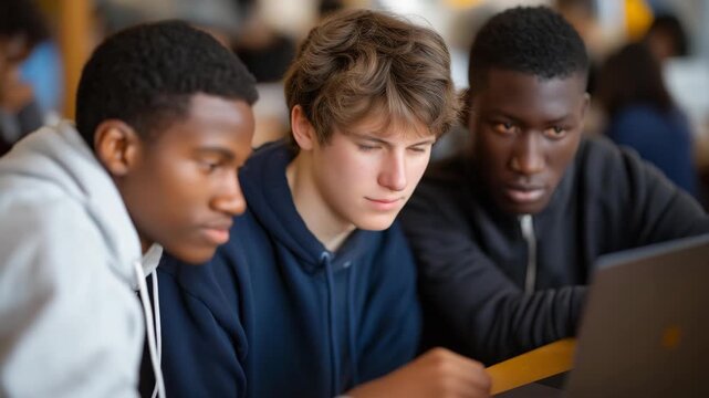 Group of refugee teenagers collaborating on coding projects in a community tech classroom, representing STEM education, digital empowerment, and social inclusion through innovation. cinematic color - Powered by Adobe