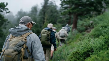 Group of veterans hiking through lush forest trails under morning mist — concept of mental health awareness, camaraderie, nature therapy, and outdoor recreation as a healing path for veterans