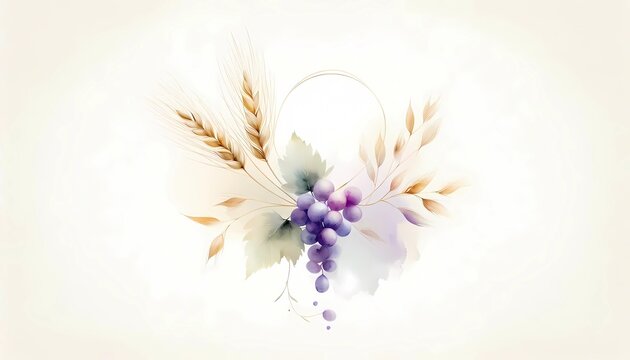 Watercolor grapes and wheat illustration for communion eucharist or thanksgiving background with copy space