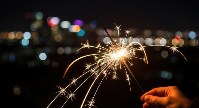 Sparkler held by hand illuminates dark night bokeh
