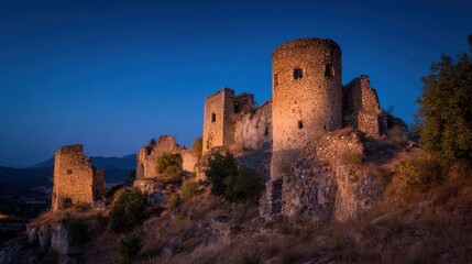 Fototapeta premium Ruins of a historical fortress glow softly under the night sky surrounded by serene nature.