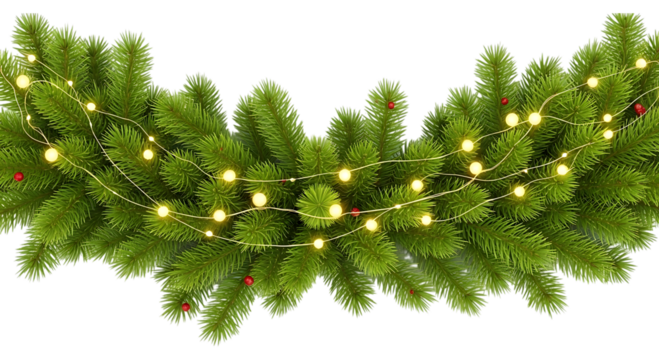 Festive Christmas fir garland with glowing string lights and berries isolated on transparent background
