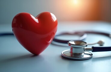 Vibrant red heart model, doctor stethoscope placed on clean blue surface. Medical image represents human heart health, essential cardiology, patient care. Emphasizes wellness, vital diagnosis, life