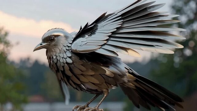 A bird with intricate feather patterns perched on a branch during a serene outdoor setting at sunset