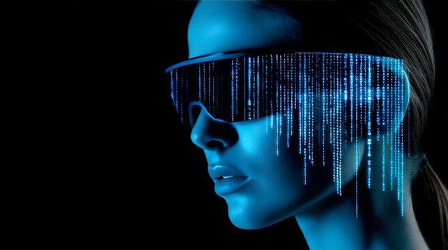 Woman wearing futuristic glasses with falling binary code in augmented reality