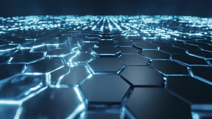 Intricate hexagonal structures illuminate against a dark background, presenting a futuristic concept of technological innovation, suitable for representing themes related to technology, progress.