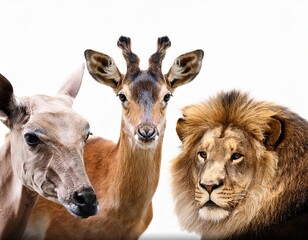 Obraz premium A Study in Wildlife: Close-Up of an Eland, a Giraffe and a Lion against a Clean White Background