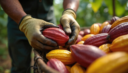 Fototapeta premium Worker holds ripe cocoa pods in hands on plantation. Farmer harvests cacao fruit in basket. Agriculture worker picking crops at tropical farm, gathers organic produce.