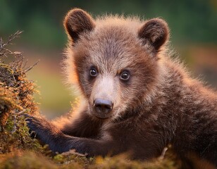 Brown Bear Cub in Forest Light: A Close-Up Portrait of Wild Innocence and Gentle Curiosity
