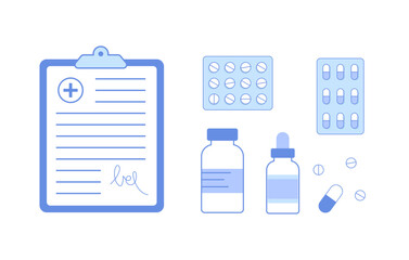 Set of medical objects for pharmacy or clinic, document, pills, bottle, drops.