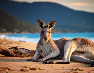 Kangaroo enjoying the sunset at the beach with mountains and turquoise water in the background, a serene Australian scene
