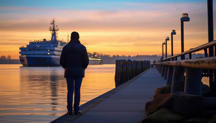 Silhouetted figure walking along the pier at sunset with a ferry in the background reflecting on calm waters