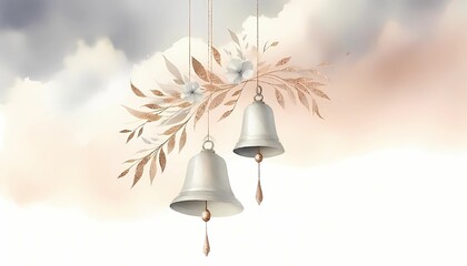 Elegant wedding bells watercolor art print with floral accents for home decor and wall art design ideas