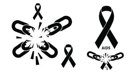 World AIDS Day Broken Chain Symbol Black & White Vector Set