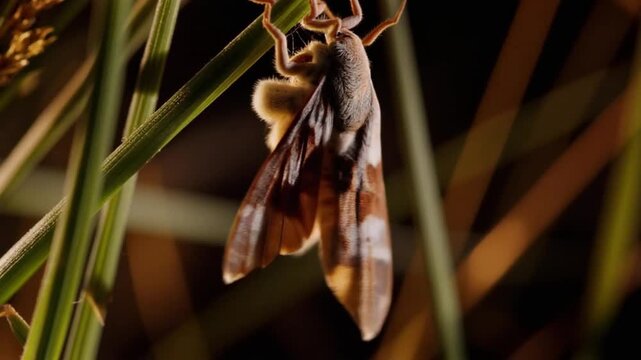 Detailed macro shot of a moth clinging to a plant, showcasing its intricate wing patterns and textures