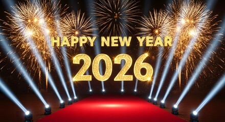Happy New Year 2026 Red Carpet Fireworks Grand Celebration