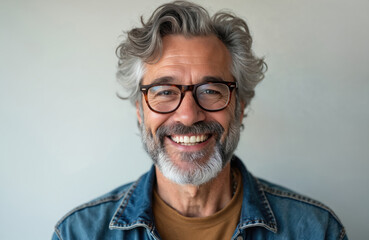Obraz premium Handsome mature man with grey hair, beard smiles broadly. Wears stylish modern eyeglasses, casual denim jacket. Confident older gentleman looks directly at camera against light wall. Cheerful face