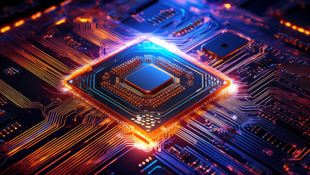 An intensely detailed, close-up digital illustration of a microchip or central processing unit (CPU) embedded on a complex circuit board. The image is dramatically lit with a vibrant, contrasting colo