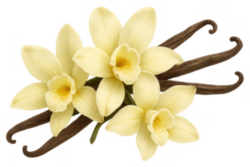 Vanilla orchids with pods creating an aromatic and flavorful ingredient for cooking and baking on transparent background