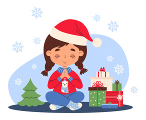Christmas Girl in Santa Hat Meditating. Cute Child female character with braids hairstyle sitting in asana beside Xmas gifts, small tree and snowflakes. Vector illustration. Not AI