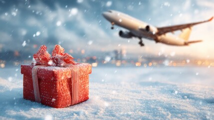 A vibrant red gift rests on pristine snow as an airplane ascends into a sunset sky filled with snowflakes.