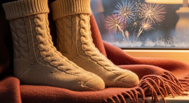 Knitted socks on window sill with fireworks - Powered by Adobe