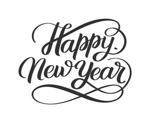 Elegant Happy New Year Calligraphy Isolated on White Background Festive Greeting Design for Holiday Celebrations and Seasonal Greetings