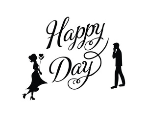 Black Silhouette Design Featuring a Woman with Heart Flower and a Man lost in Thought with Happy Day Inscription