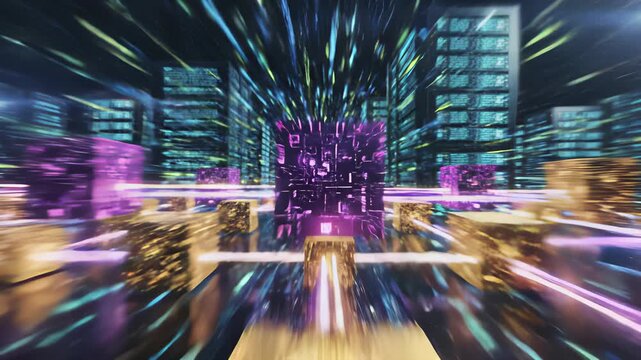 A futuristic cityscape with towering skyscrapers and pulsing streetlights serves as a backdrop for technological innovation and urban grandeur, capturing the essence of modernity.