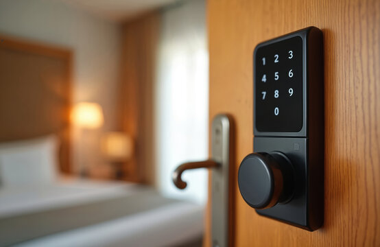 Modern digital keypad lock installed on wooden hotel room door. Close up of keyless entry security system. Smart home tech and safety concept in hotel apartment