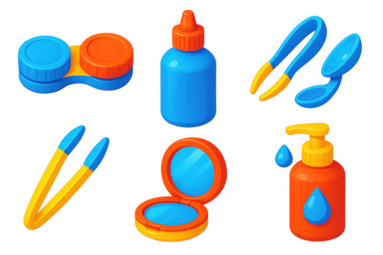 Contact Lens Essentials. 3D icon set of contact lens essentials: contact cases, saline bottle, insertion tool, lens tweezers,