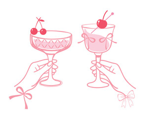Pink cocktail toast vector, feminine hands holding cherry glasses with ribbons and bows, cute coquette line art illustration for party invitation and bar menu.