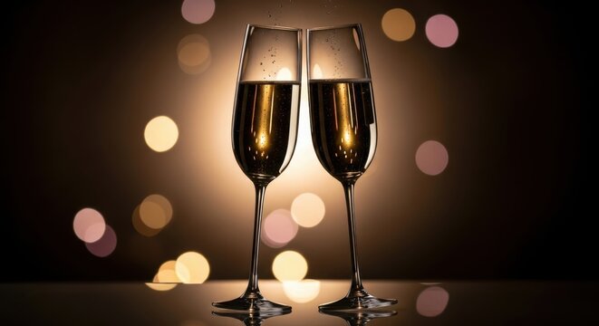 Two champagne flutes toasting with sparkling wine - Powered by Adobe