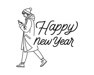 Happy New Year Illustration of Woman with Smartphone in Winter Attire Walking with a Festive Greeting