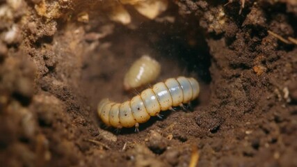 Close-up view of a pale grub and an egg nestled within a dark, earthy burrow