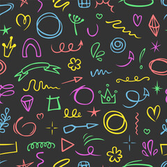 Vector seamless pattern with cute doodles. Hand drawn naive design for wallpaper, wrapping, stationery, textile.