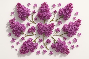 Pink lilac flowers arranged in decorative floral pattern on white background