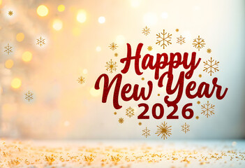 "Happy New Year" 2026 in red font with gold snowflakes on an elegant festive background.