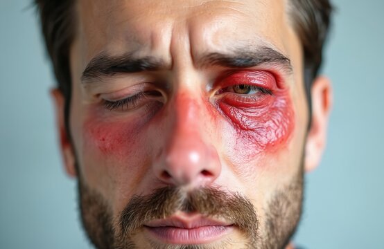 Man with angioedema shows swollen red face and eye from allergic reaction. He has irritation, inflammation, and discomfort from bug bite, food, or medicine.