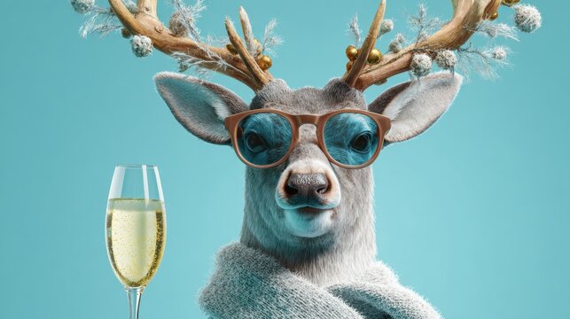 A fashionable deer wearing sunglasses lounges with a glass of champagne radiating cheer and celebration.