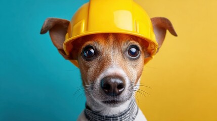 A small dog with a hard hat sits calmly looking into the camera with curious eyes.