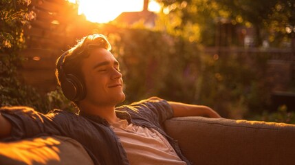 A young man sits on a couch enjoying music relaxed in the warm glow of sunset.