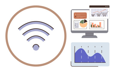 wireless signal icon alongside computer screen displaying analytical data, charts, and shopping carts. Ideal for technology, connectivity, analytics, e-commerce, wireless network, big data digital