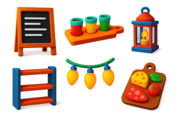 3D Tasting Icon Set. 3D icon set of tasting room: chalkboard menu, tasting paddle, candle lantern, rustic shelf, string lights,