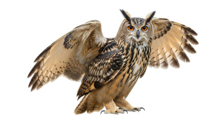 A majestic Eurasian eagle owl with striking orange eyes mid flight preparing to land against a on transparent background