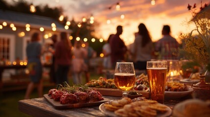 Friends enjoy a lively gathering outdoors sharing delicious food and drinks as the sun sets.