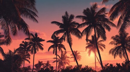 Obraz premium Palm trees stand proudly against a colorful sunset creating a serene tropical atmosphere at dusk.