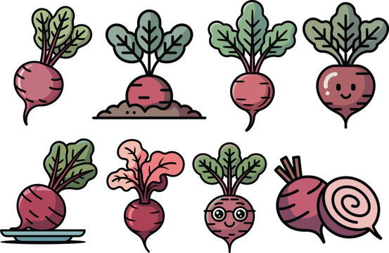 Fun remolacha beetroot characters with happy faces leaves and roots